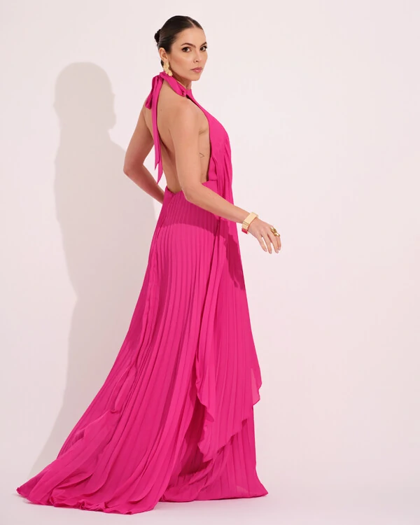 Vestidos de Festa Longo Chiffon Fluido Frente Única Plissado Duplo Pink