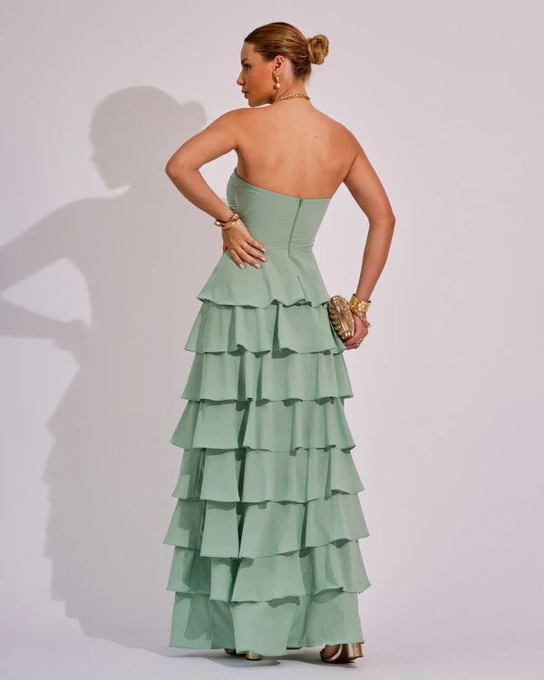 Vestido Longo Crepe Chiffon Tomara que Caia Plissado em Camadas Verde Menta
