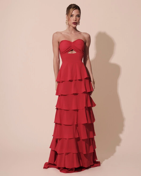 Vestido Longo Crepe Chiffon Tomara que Caia Plissado em Camadas Vermelho