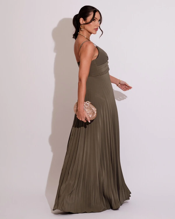 Vestido de Festa Longo Plissado Crepe Chiffon com Alça Verde Oliva