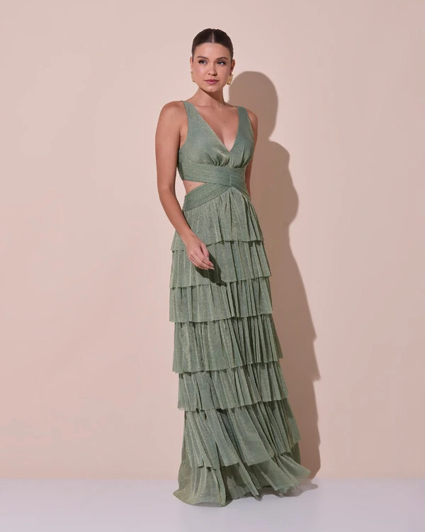 Vestido De Festa Longo Decote V Tule Brilho Recortes Camadas Verde Oliva
