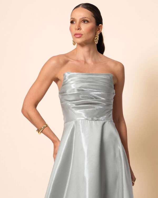 Vestido de Festa Longo Cetim Cristal Tomara que Caia Drapeado Verde Menta