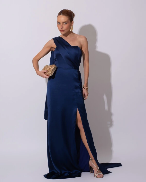 Vestido de Festa Longo Cetim Alfaiataria Tomara que Caia com Faixa Lenço Azul Marinho