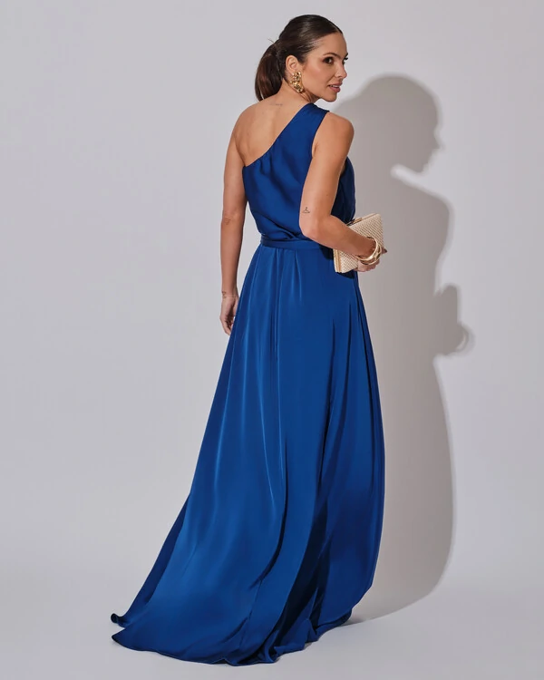 Vestido Longo um Ombro com Busto Blousê e Fenda Azul Royal