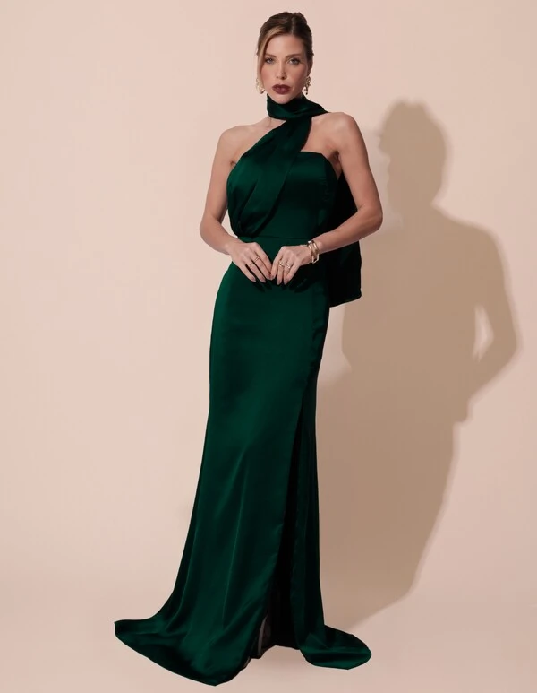 Vestido de Festa Longo Cetim Alfaiataria Tomara que Caia com Faixa Lenço Verde Escuro
