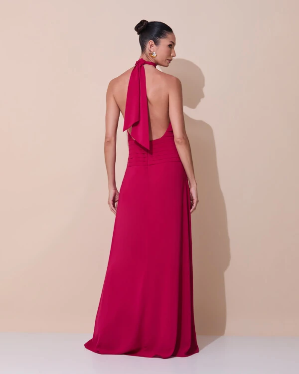 Vestido de Festa Longo Frente Única Busto Blousê Crepe Chiffon Drapeado Cereja