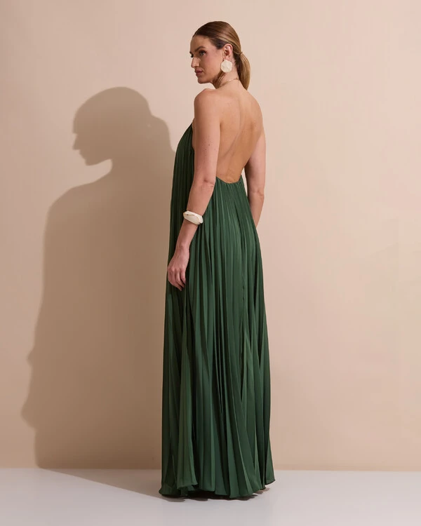 Vestido de Festa Longo Frente Única Plissado Crepe Chiffon Argola Verde Militar