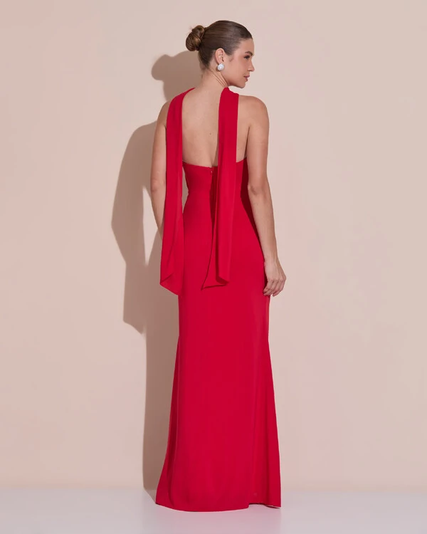 Vestido de Festa Longo Tomara Que Caia Crepe Chiffon Plissado Lenço Vermelho