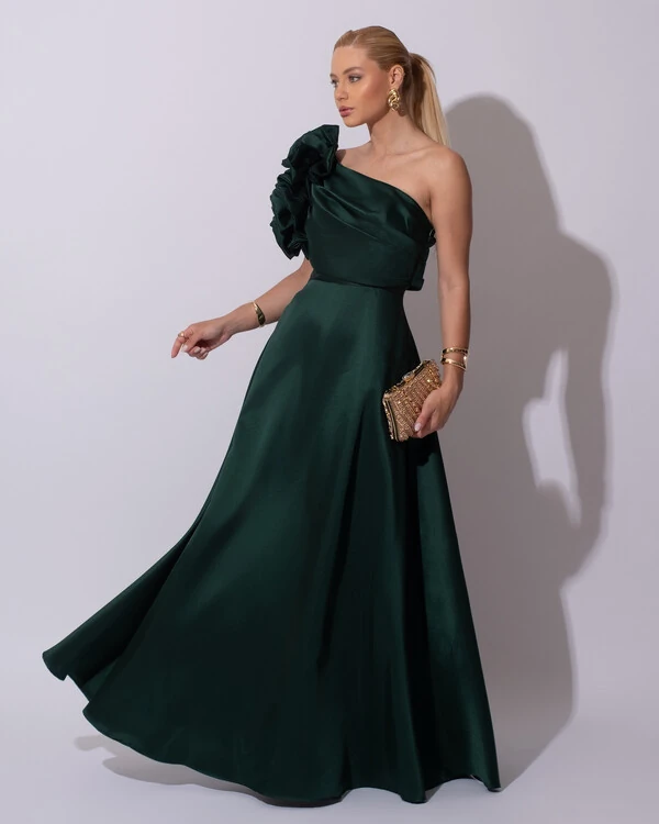 Vestido de Festa Longo Zibeline um Ombro Só Flor Drapeado Verde Escuro