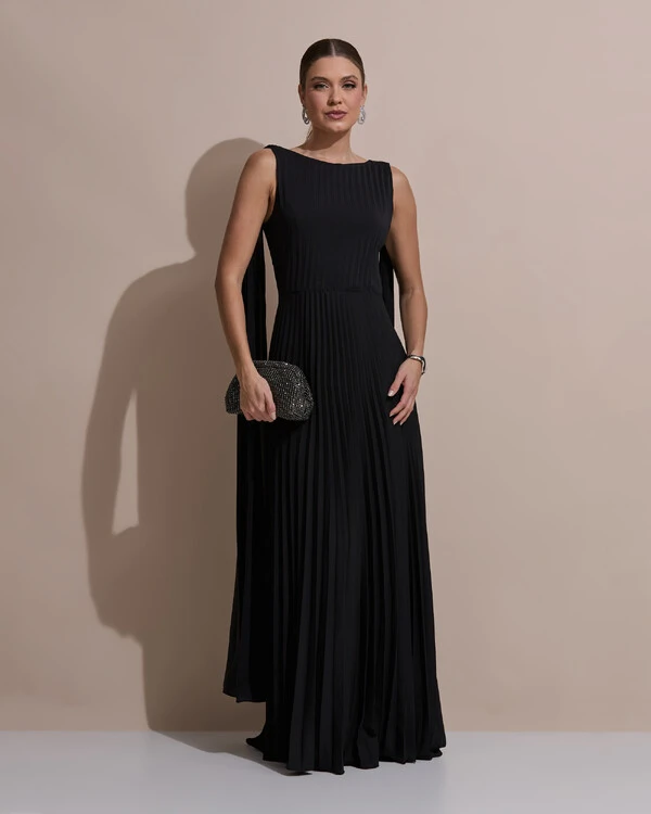 Vestido de Festa Longo Crepe Chiffon Plissado com Lenço nas Alças Preto