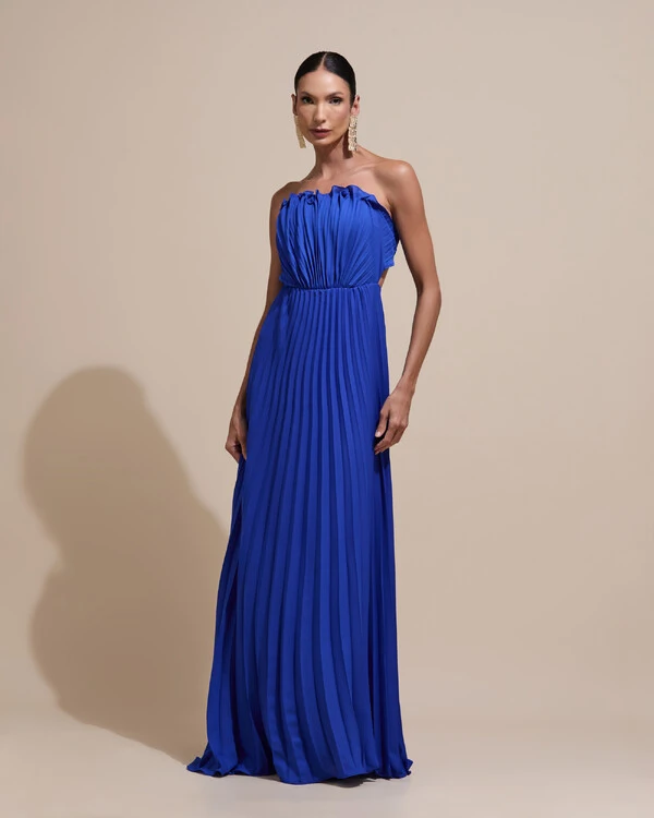 Vestido de Festa Longo Tomara que Caia Plissado Detalhe Azul Royal