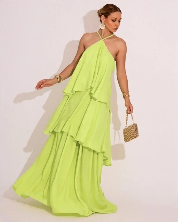 Vestido Longo Crepe Chiffon Babado em Camadas Verde Lima