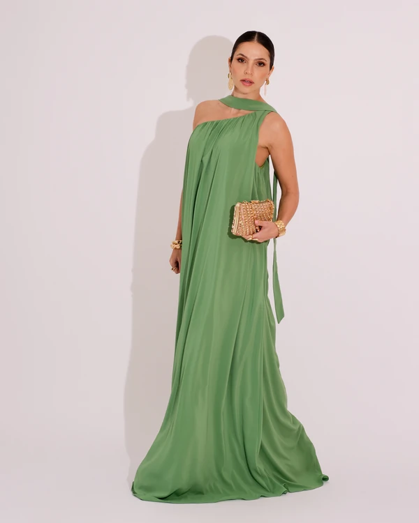 Vestido de Festa Longo Crepe Fluido um Ombro Só com Lenço Verde Claro