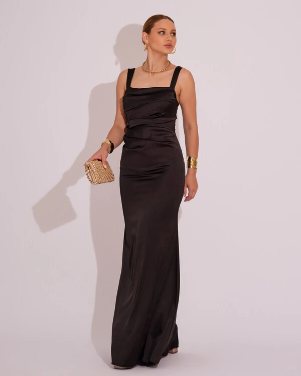 Vestido Longo de Festa Cetim Alfaiataria Drapeado Sereia Preto