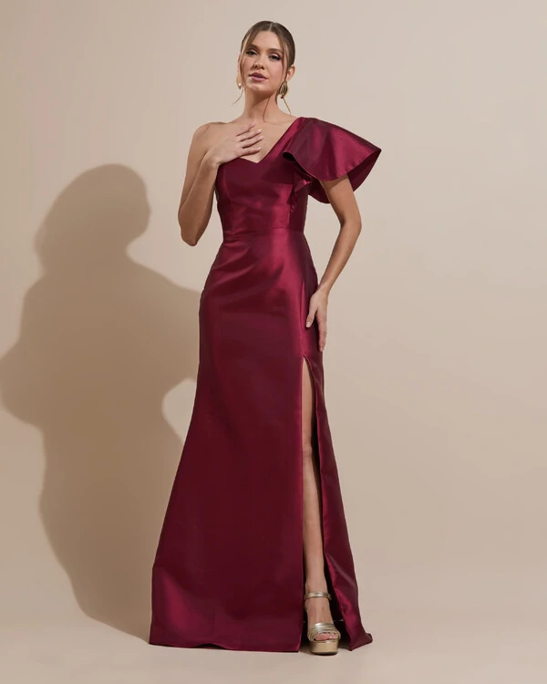 Vestido de Festa Longo um Ombro Tomara que Caia Zibeline Marsala Escuro