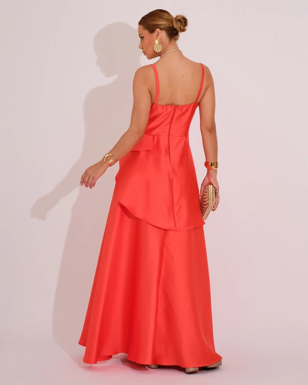 Vestido de Festa Zibeline Tomara que Caia com Recortes e Camadas Laranja