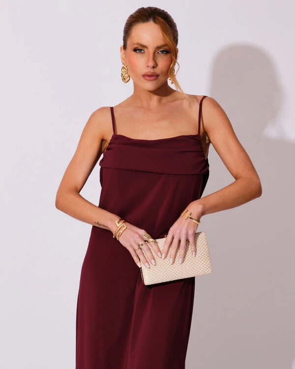 Vestido de Festa Longo Crepe Chiffon Costas Lenço Cauda Marsala