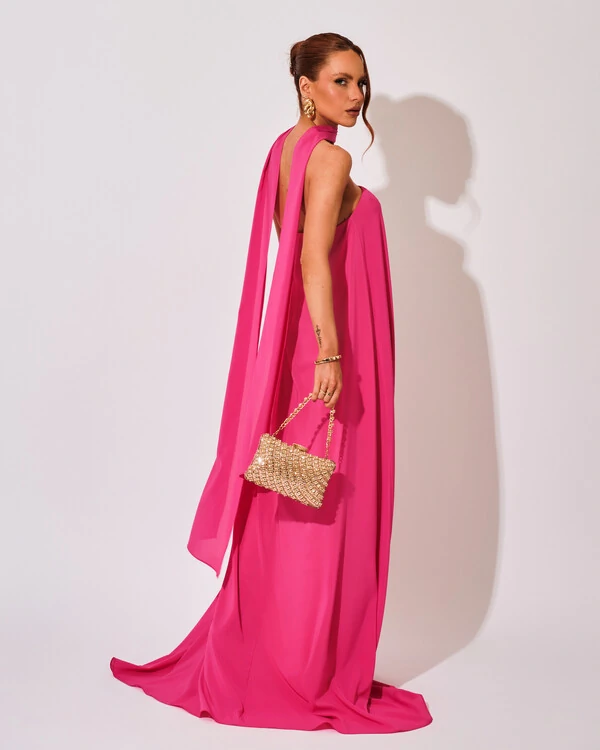 Vestido de Festa Longo Crepe Tomara que Caia com Lenço Pink