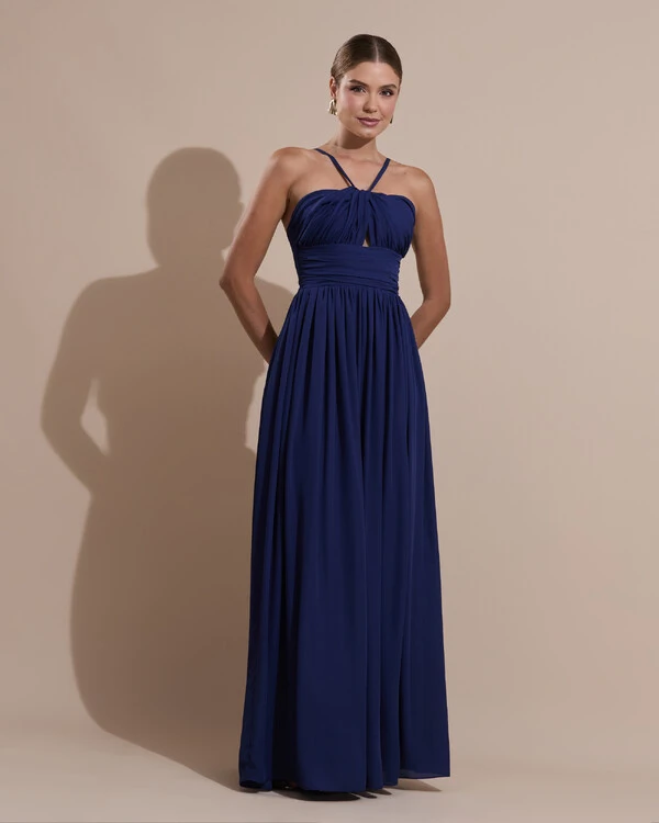 Vestido de Festa Longo Crepe Chiffon Drapeado com Alças Finas Azul Marinho