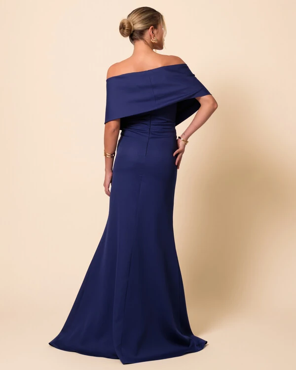 Vestido de Festa Longo Alfaiataria Ombro a Ombro Laço e Fenda Azul Marinho