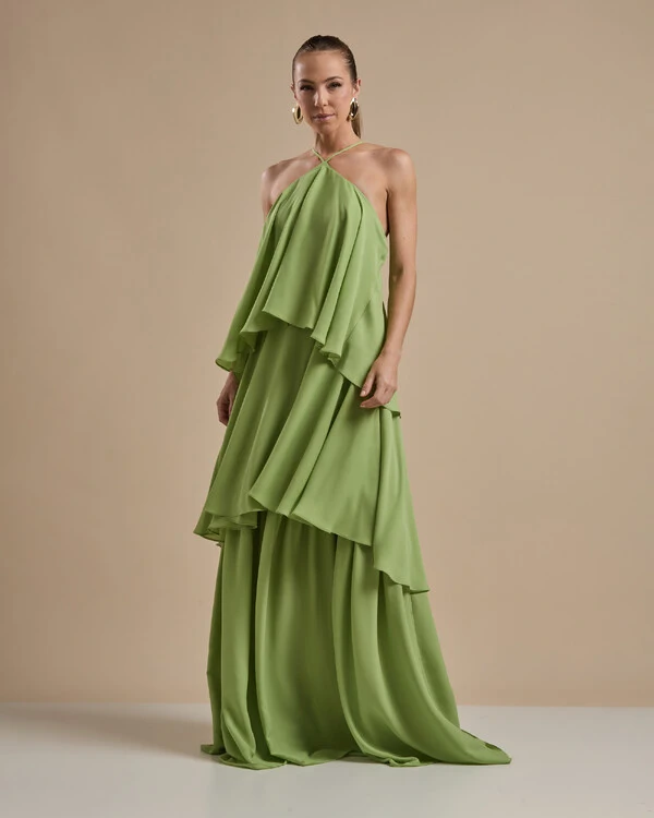 Vestido Longo Babado em Camadas Verde Garden