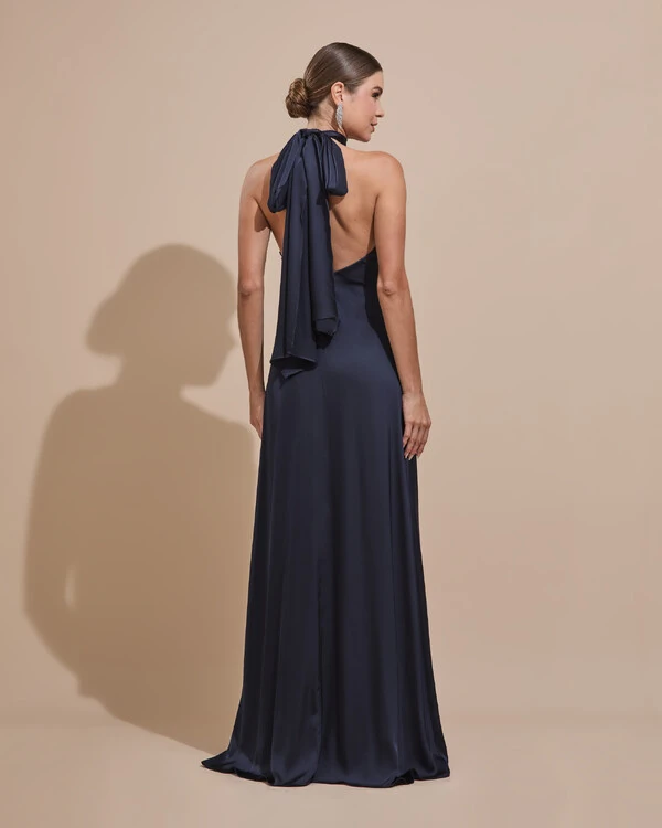 Vestido de Festa Gola Alta com Decote nas Costas Acetinado Azul Marinho