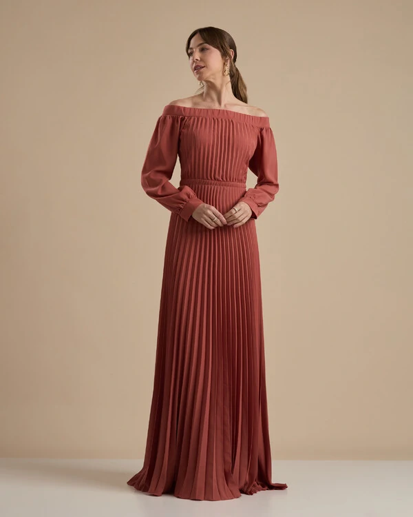 Vestido de Festa Longo Crepe Chiffon Plissado Ombro a Ombro Terracota