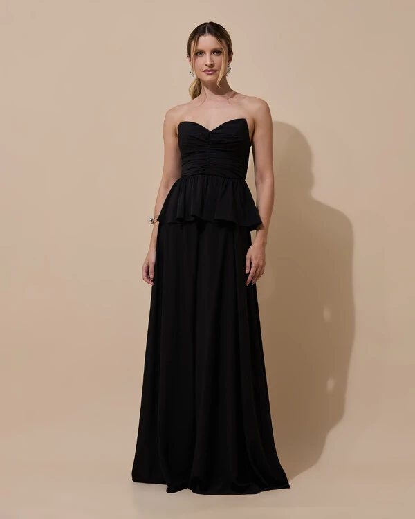 Vestido de Festa Longo Crepe Chiffon Tomara que Caia Peplum Drapeado Preto