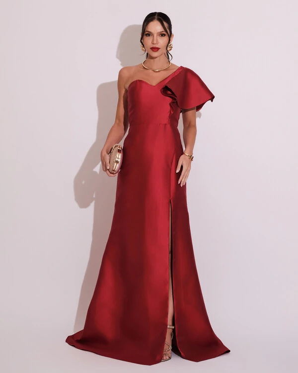 Vestido de Festa Longo um Ombro Tomara que Caia Zibeline Marsala