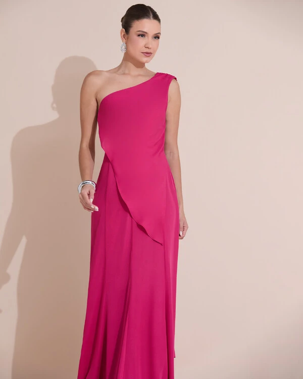 Vestido de Festa Longo Um Ombro Só Crepe Chiffon Lenço Pink Escuro