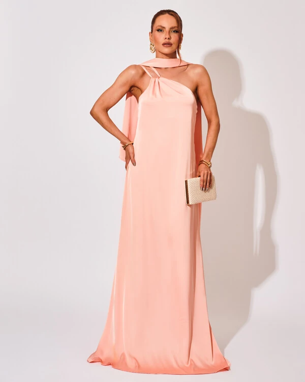 Vestido de Festa Longo em Cetim Fluido um Ombro Só Rose