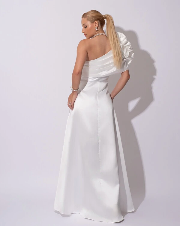 Vestido de Festa Longo Zibeline um Ombro Só Flor Drapeado Branco