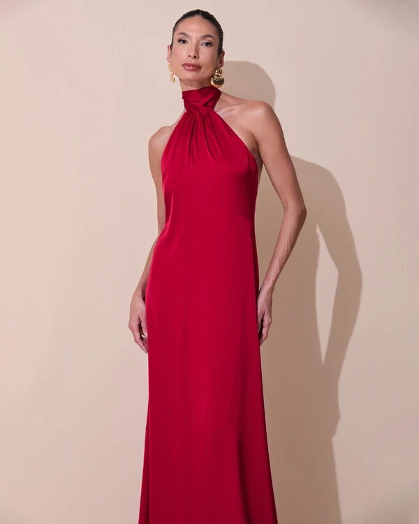 Vestido de Festa Gola Alta com Decote nas Costas Acetinado Marsala