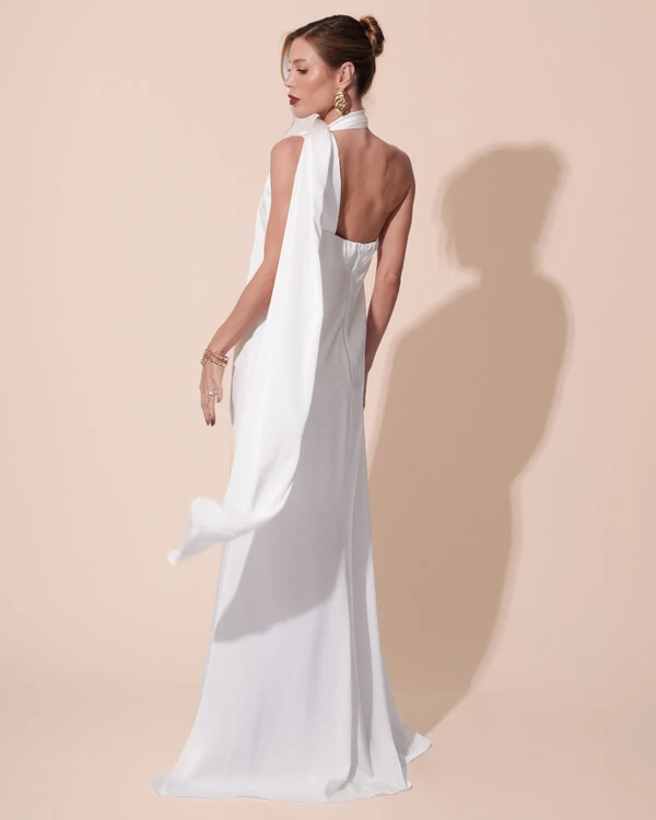 Vestido de Festa Longo Cetim Fluido Um Ombro Só Branco