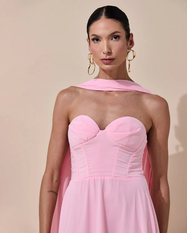 Vestido de Festa Longo Tomara que Caia Crepe Chiffon Decote Coração Lenço Rosa Claro
