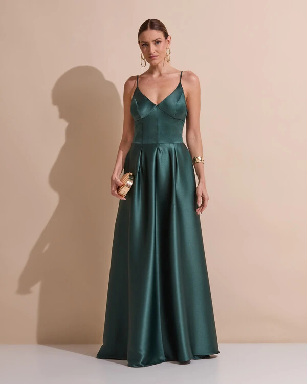 Vestido de Festa Longo Alça Fina Decote V Cetim Saia Evasê Verde Escuro