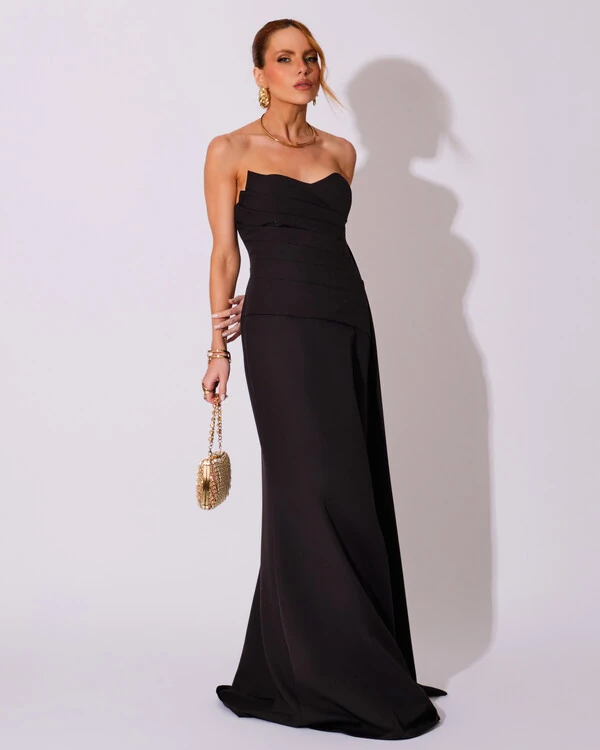 Vestido de Festa Longo Alfaiataria Tomara que Caia Drapeado Faixa Preto