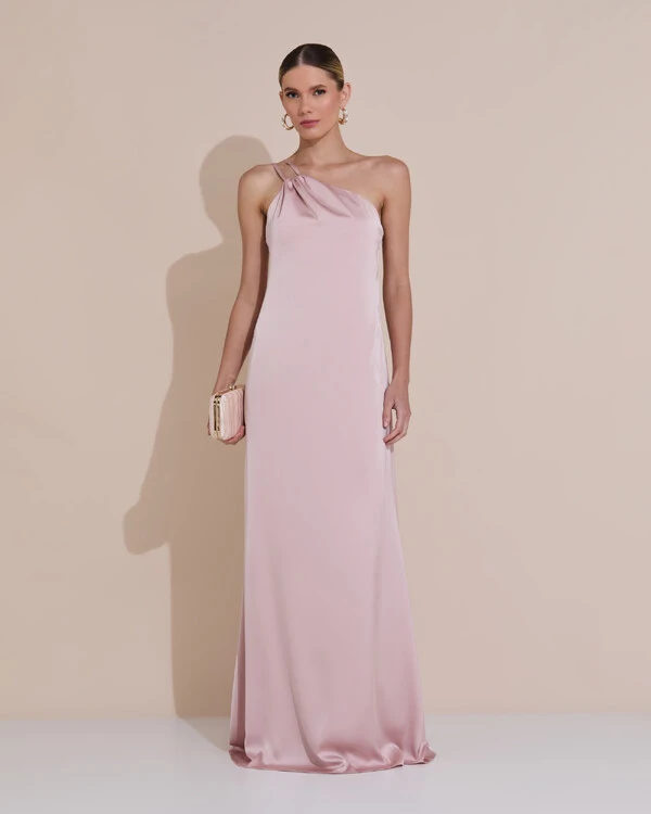 Vestido de Festa Longo em Cetim Fluido um Ombro Só com Lenço Rose Nude