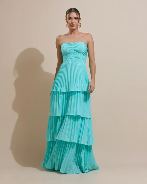 Vestido de Festa Longo Tomara que Caia Crepe Chiffon Plissado Camadas Tiffany