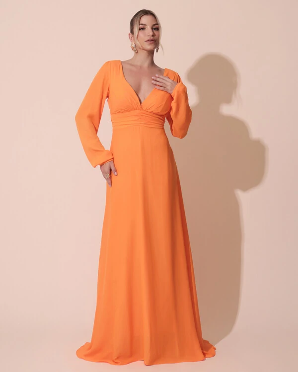 Vestido de Festa Manga Longa com Cintura Drapeada Decote V Laranja