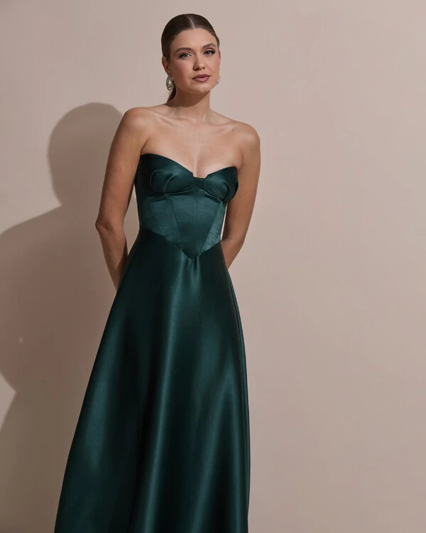 Vestido de Festa Longo Tomara que Caia Decote Coração Cetim Cruzado Costas Verde Escuro