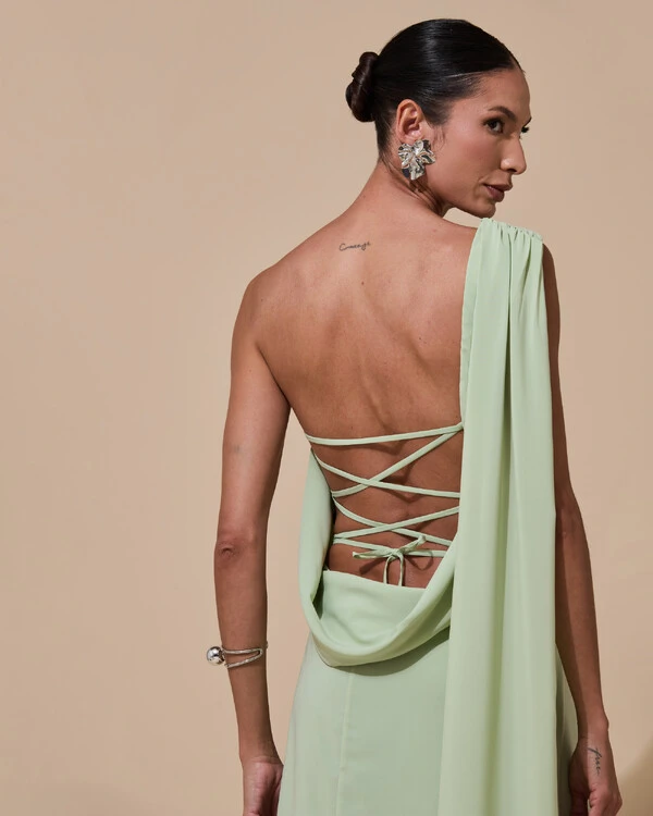 Vestido de Festa Longo Tomara que Caia Crepe Chiffon Lenço Drapeado Costas Trançada Verde Menta New