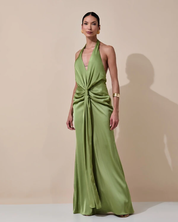 Vestido de Festa Longo Frente Única Decote V Cetim Drapeado Faixa Verde Pistache