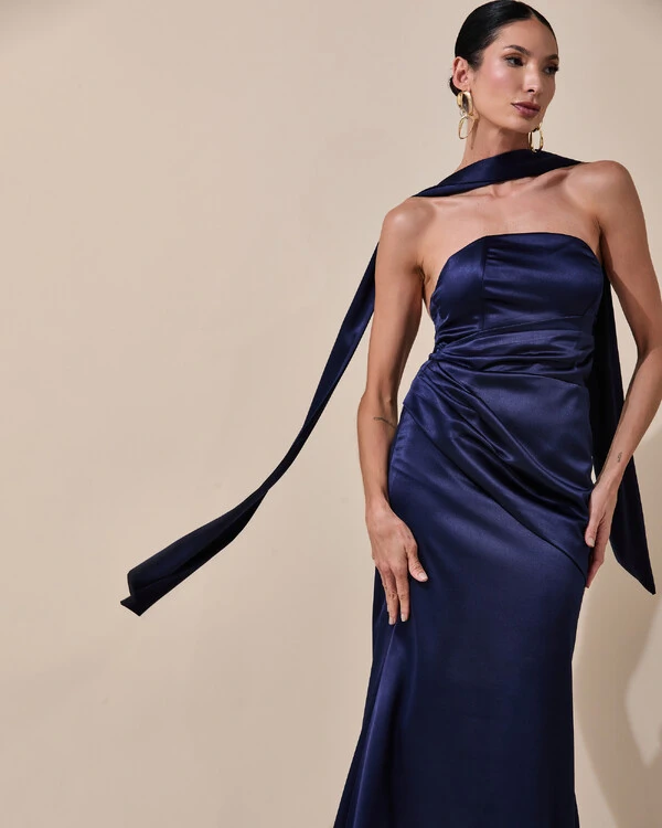 Vestido de Festa Longo Tomara que Caia Cetim Alfaiataria Drapeado Lenço Azul Marinho