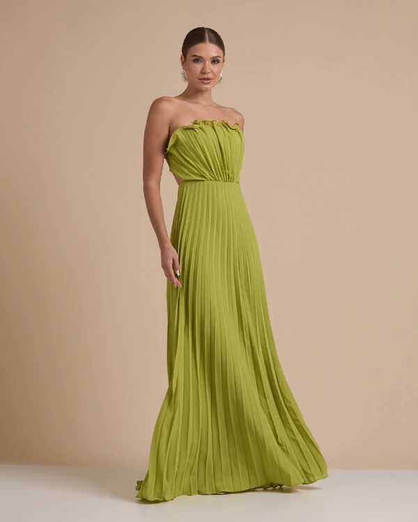 Vestido de Festa Longo Tomara que Caia Plissado Detalhe Verde Pistache