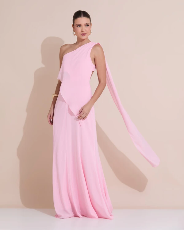 Vestido de Festa Longo Um Ombro Só Crepe Chiffon Lenço Rosa Claro