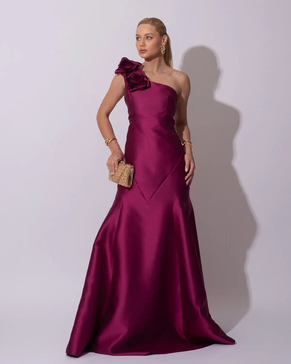 Vestido de Festa Longo Zibeline um Ombro Só Flor Removível Saia Sereia Fúcsia