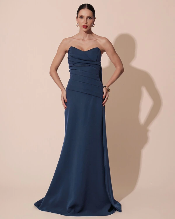 Vestido de Festa Longo Alfaiataria Tomara que Caia Drapeado Faixa Azul Petróleo