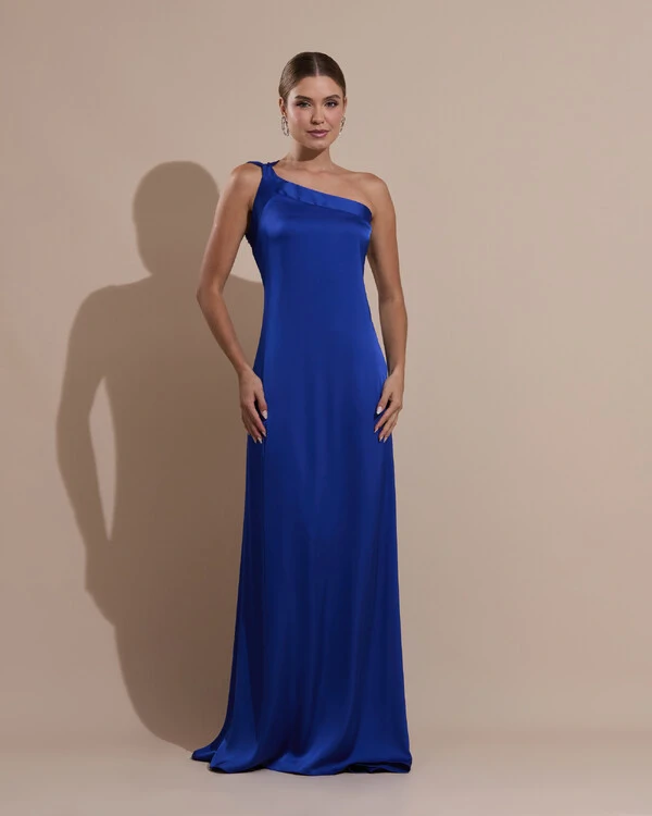 Vestido de Festa Longo Cetim Fluido Um Ombro Só Amarração Costas Azul Royal