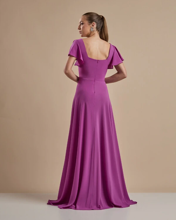 Vestido de Festa Longo Crepe Chiffon Manga Babado e Fenda Fúcsia